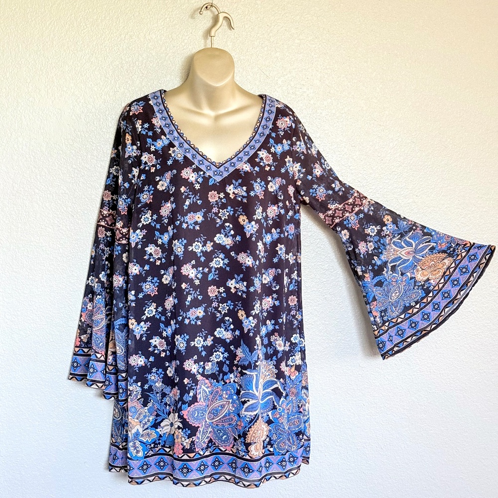 Flying Tomato Boho Hippie Bell Sleeve Floral Paisley Mini Dress Size M